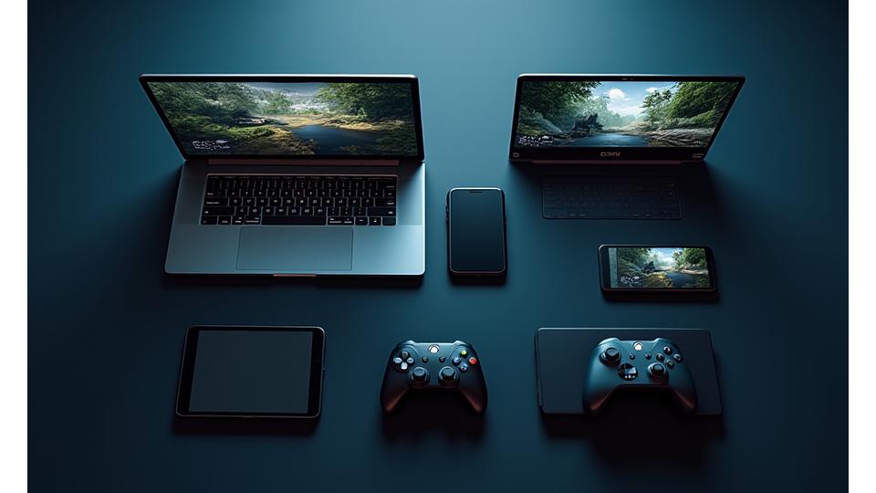 Farklı cihazların bir ızgarası: dizüstü bilgisayar, akıllı telefon, tablet, akıllı TV ve oyun kontrolcüsü, hepsi sorunsuz bir şekilde bulut oyunu oynamaya hazır