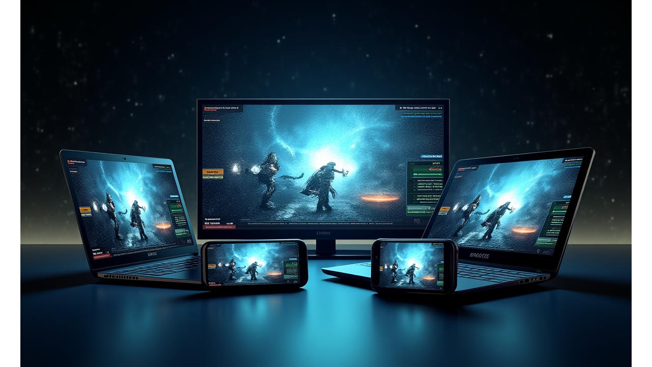 Farklı cihazlarda bulut oyun arayüzü: Akıllı telefon, tablet, dizüstü bilgisayar ve akıllı TV'de aynı anda çalışan bir oyun