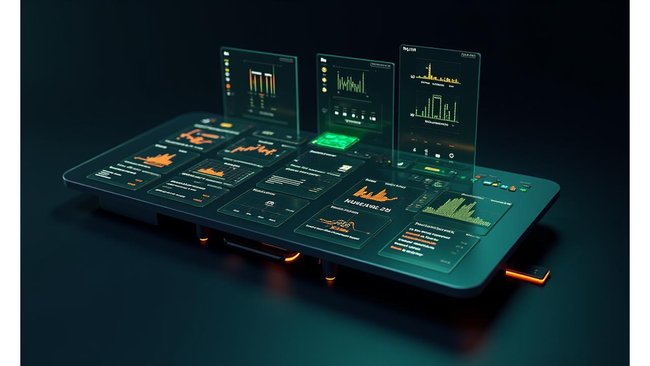 Gerçek zamanlı performans metriklerini gösteren bir optimize edilmiş kullanıcı arayüzüne sahip, şık, fütüristik bir performans izleme kontrol paneli. Grafikler, gecikme, bant genişliği kullanımı ve CPU/GPU sıcaklıklarını göstermekte.