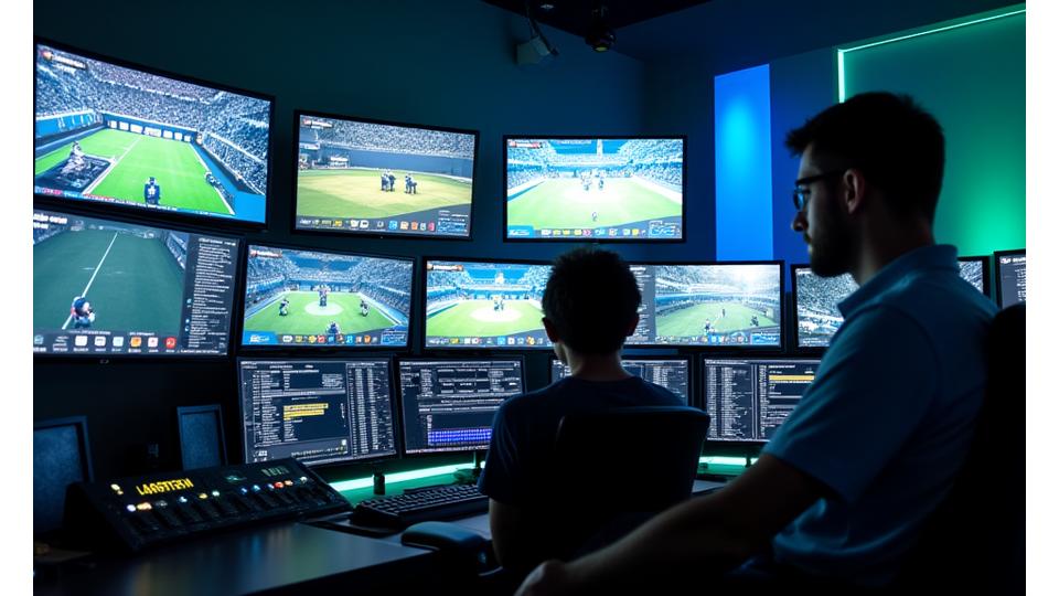 Profesyonel bir e-spor yayın stüdyosu, çoklu monitörler, kamera ekipmanları ve aydınlatma ile