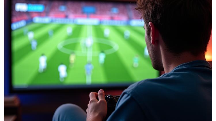 FIFA turnuvasında bir oyuncunun gamepad ile konsantre bir şekilde oynadığı, ekranda futbol maçı ve skorboard görüldüğü