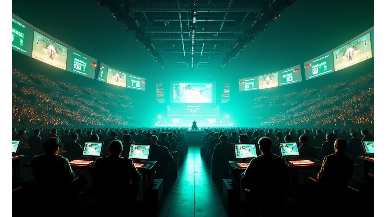 Büyük bir espor turnuvası kalabalık bir arenada, sahnedeki oyuncular ve dev ekranlar ile