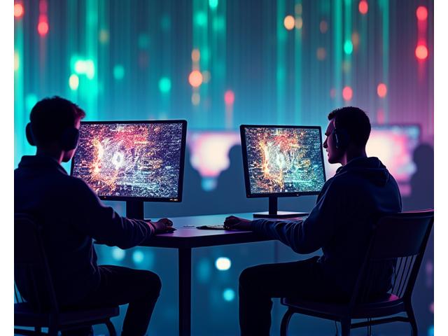 Monitor başında oyun oynayan bir grup insanın silüeti, siberpunk neon ışıklarıyla çevrili