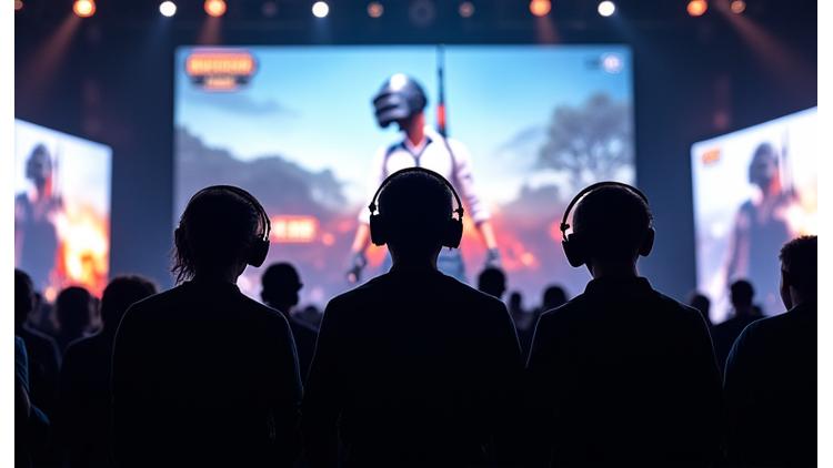 PUBG Mobile turnuvası oynayan oyuncuların büyük bir ekran önünde siluetleri