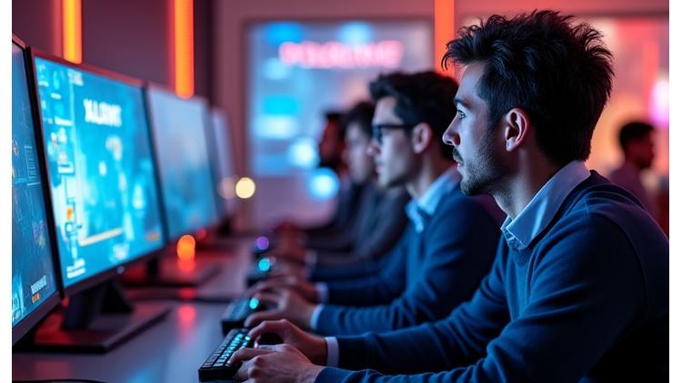 Valorant Corporate Cup için özel olarak tasarlanmış bir arenada iş kıyafetli oyuncuların eğlenerek rekabet ettiği