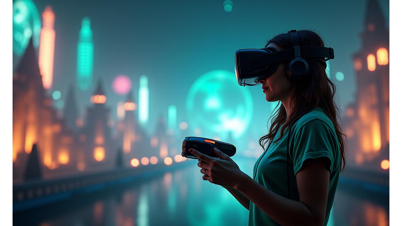 Sanal gerçeklik başlığı takmış bir oyuncu, elinde kontrolörlerle fantastik bir VR oyun dünyasında hareket ediyor