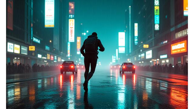 Cyberpunk Runner adlı PC aksiyon oyunundan bir şehir sahnesi