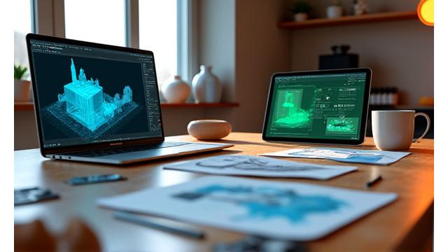 Kahve masasında VR tasarım eskizleri ve 3D modeller