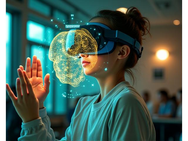 VR gözlüklü öğrenci ve sanal eğitim ortamı