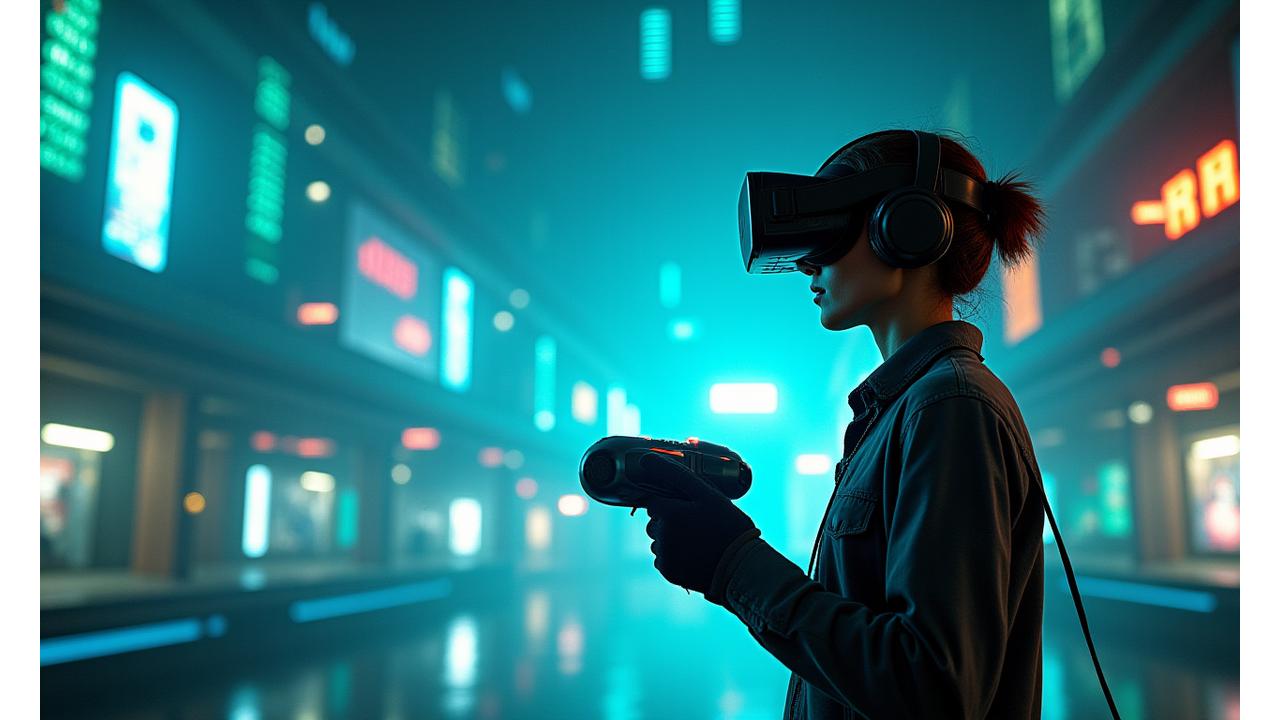 VR gözlükleri takmış, elinde kontrolcü tutan bir kişinin siberpunk temalı sanal oyun dünyasında olması